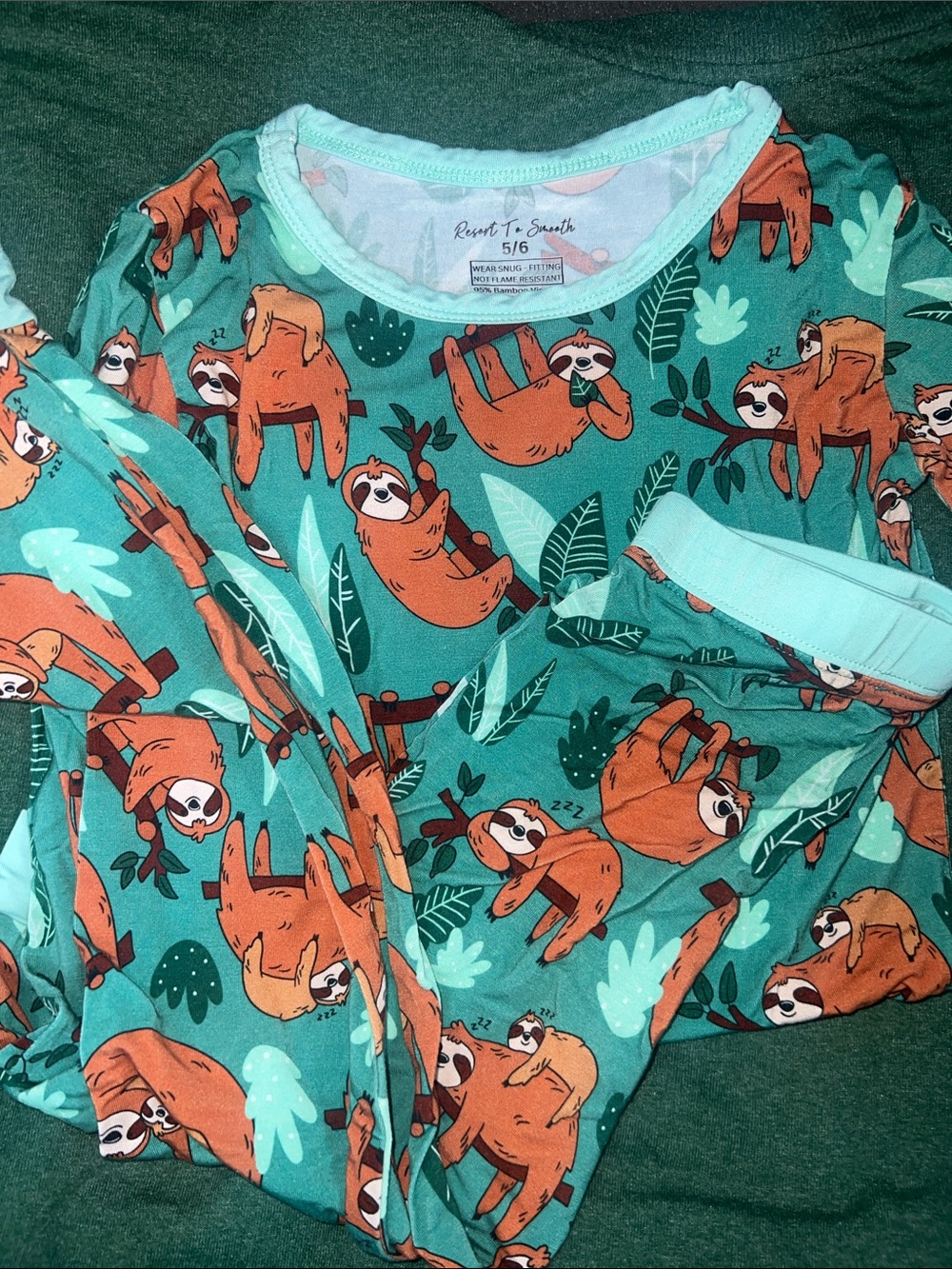 Kids' Teal Sloth bamboo Pajama Set - 5/6